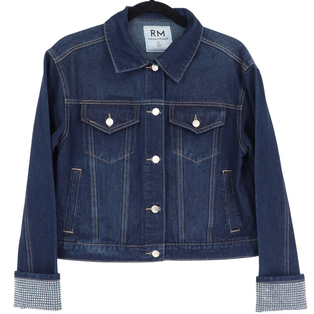 Rebecca Minkoff Rhinestone Cuff Denim Trucker Jacket Dark Wash Blue Size M